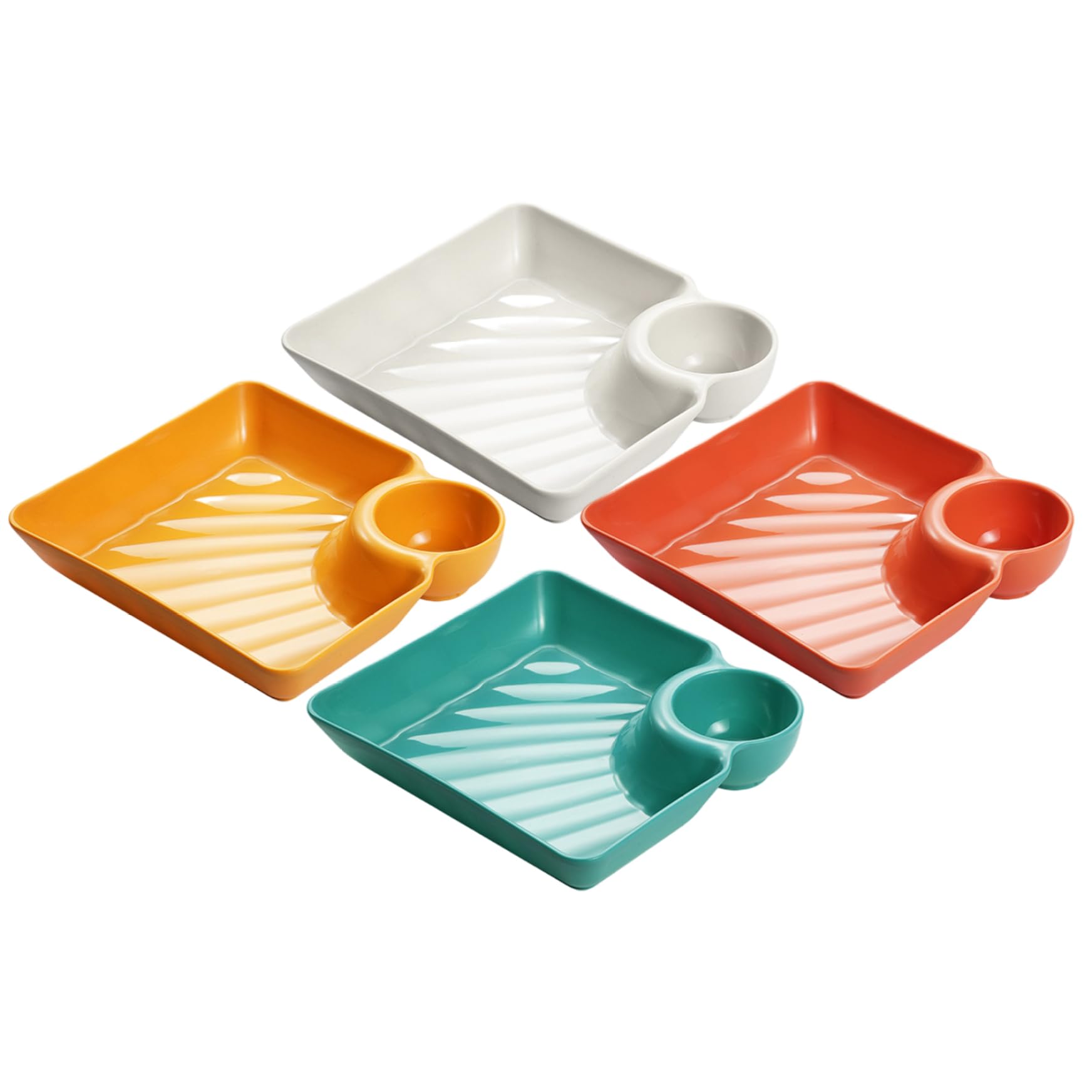 Ginwrek Sushi Plate 4-Pack Chips and Dip Serving Dish, Reusable Snack Plate Sauce Separated Square Dumpling for Sushi, Appetizers, and Party, 4 Colors