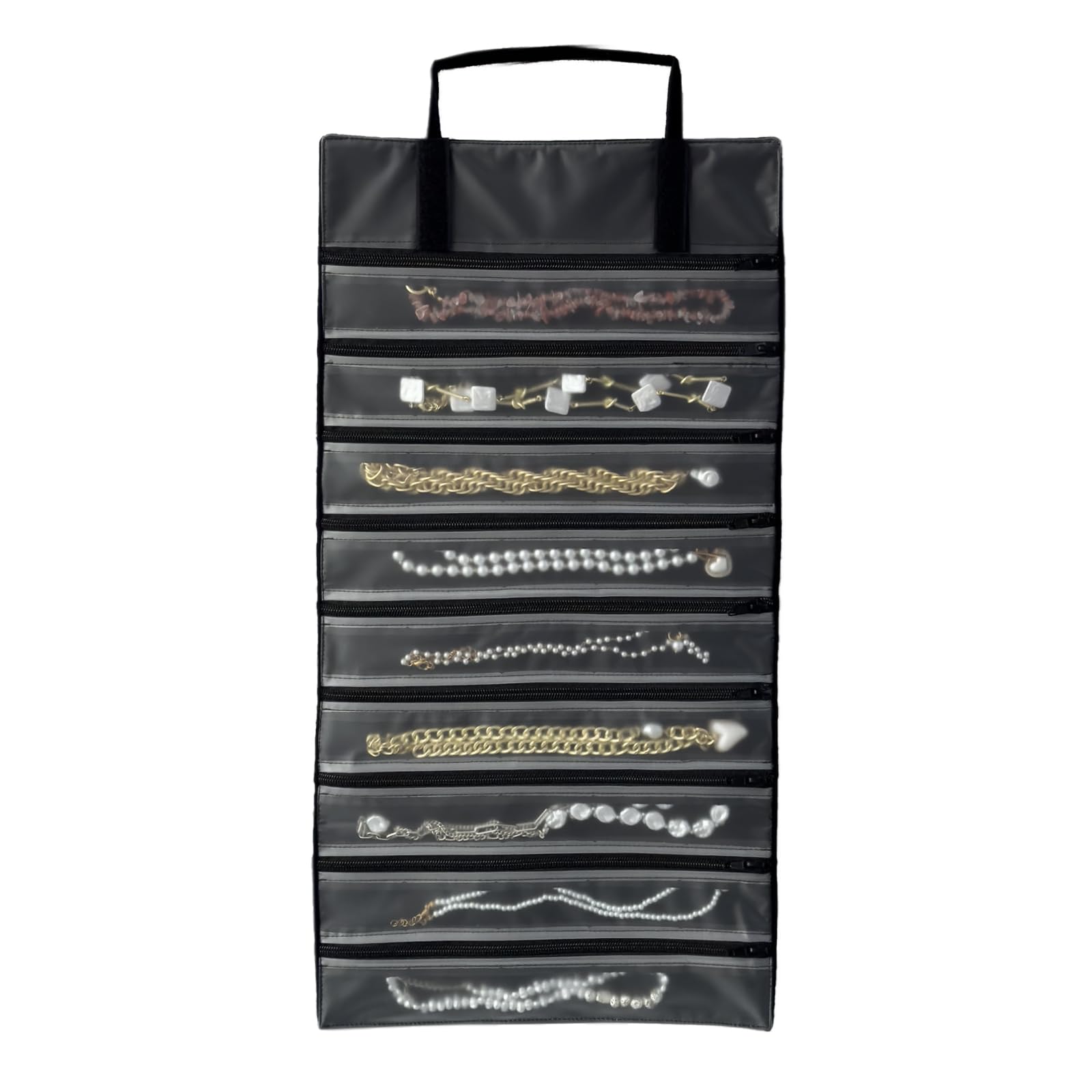 UnionPlus Velvet Travel Jewelry Case Roll Bag Organizer for Necklace, 9 Zipped Grids, Black