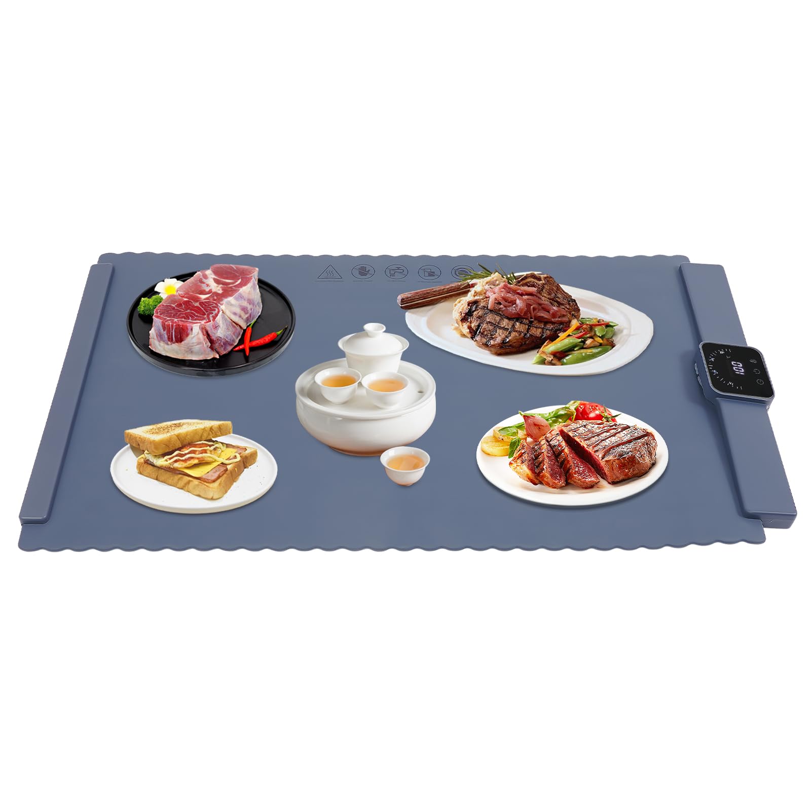 WooDerson Piastra riscaldante per alimenti, cuscino elettrico portatile per alimenti, tappetino termico elettrico con 5 impostazioni di temperatura, per buffet party, famiglia, 65 x 39 x 2,1 cm (blu)