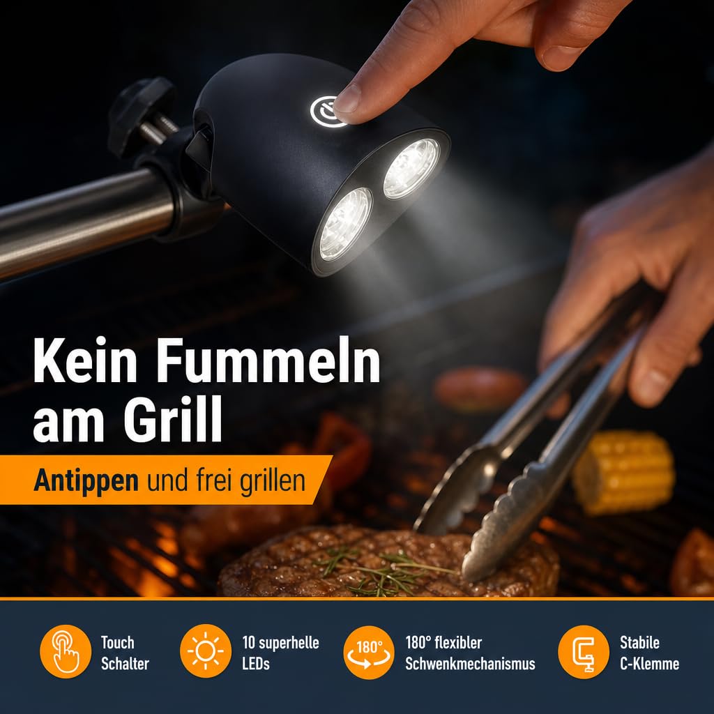 MIJOMA Robuste Grilllampe mit 10 Superhellen LEDs, 180° Flexibler Schwenkmechanismus, Praktische Touch-Schalter Funktion, einfache Anbringung dank C-Klemme - Das zweckmäßige Outdoor Grillzubehör