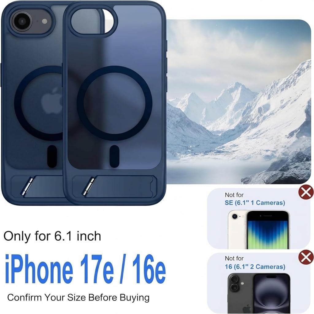 Eastinbox Magnetic for iPhone 17e & iPhone 16e Case with Stand [Compatible with MagSafe] [Built-in Invisible Kickstand] Matte Back Protective Phone Case for iPhone 17 e/16 e 6.1", Matte Blue
