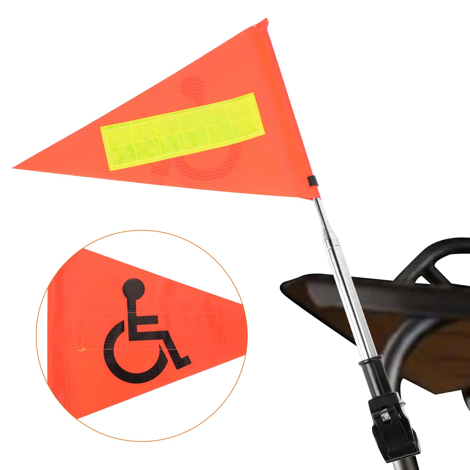 Golf Cart Flag Pole - Reflective Accessories, 22X30cm Orange Safety Flag, Telescopic Pole, Handicap Mount for Wheelchairs