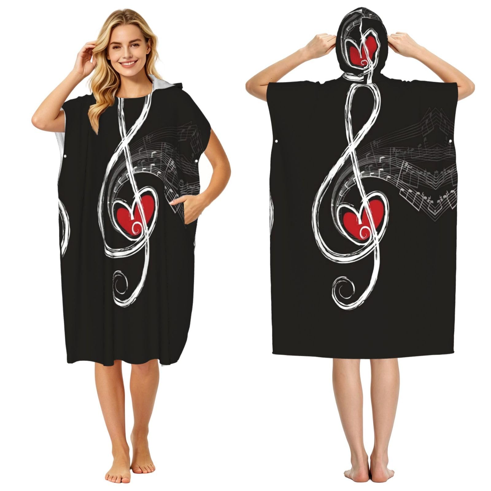 ESNAIUVCD Music Symbols Love Print Changing Robe, Hooded Towel Poncho For Swimming Pool, Beach,Quick Dry Light Weight Towelling Poncho