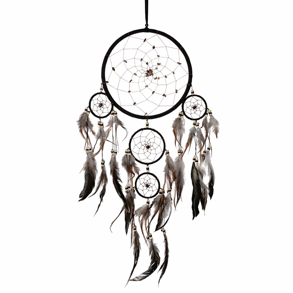 OMA Schwarzer Traumfänger, Wandbehang mit Tigeraugen-Steinen und Federn, schwarzes Wildleder, traditioneller Traumfänger, Boho, Heimdekoration, Schlafzimmer, Dekoration, Geschenk, große Größe – 71,1