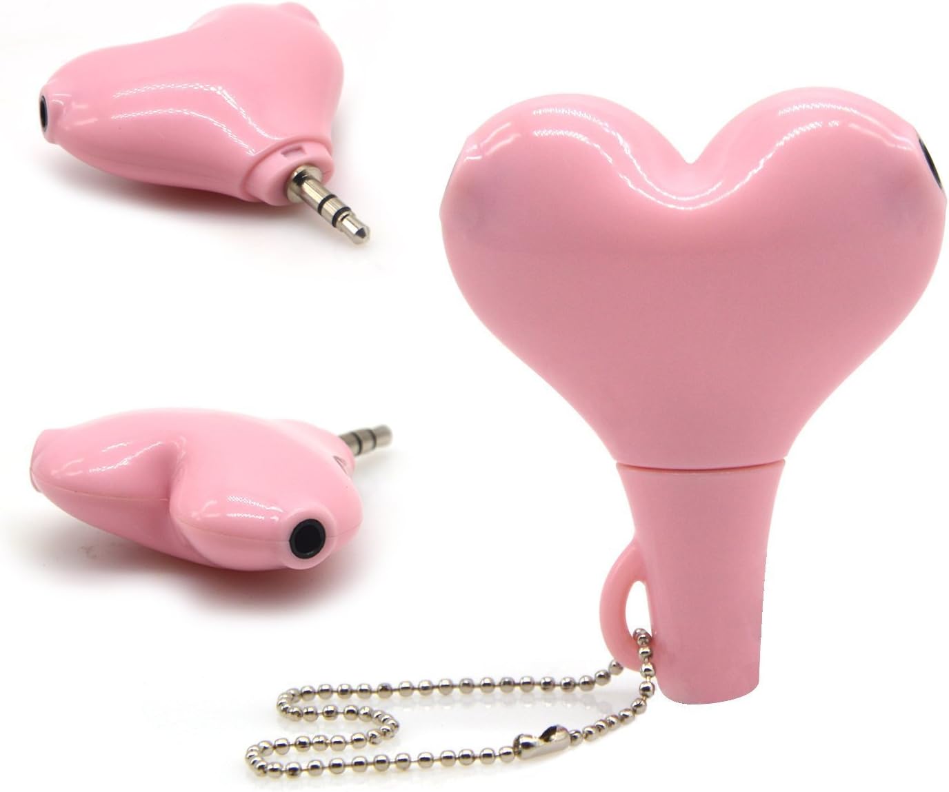 XmanxMulti Function 2-Way Heart Shaped Headphone Splitter 3.5mm Jack Plug Keychain (Pink)