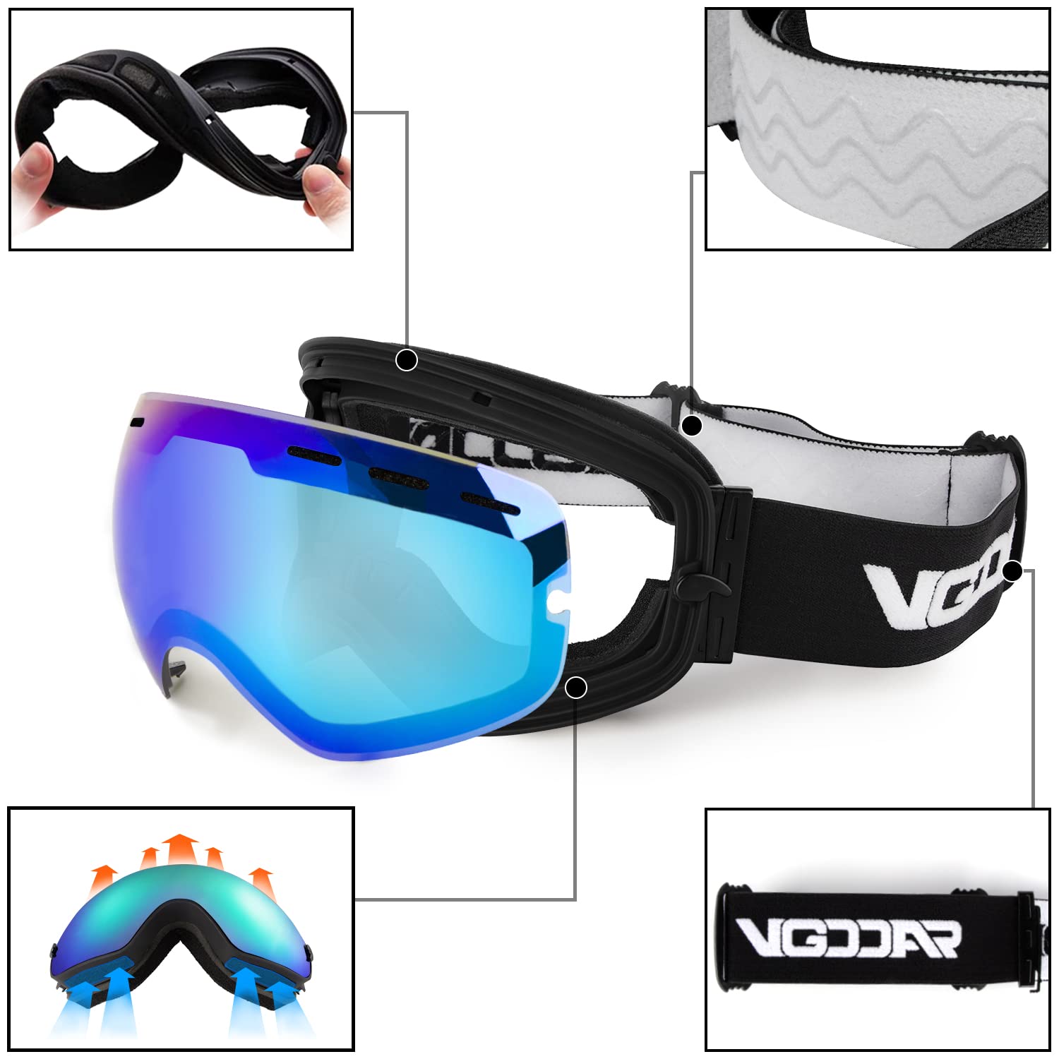 OTG Maschera da Sci, Occhiali da Sci Frameless con Doppia Lente Sferica Anti-nebbia, Maschere da Sci Snowboard 100% Protezione UV400 Per Uomo/Donna