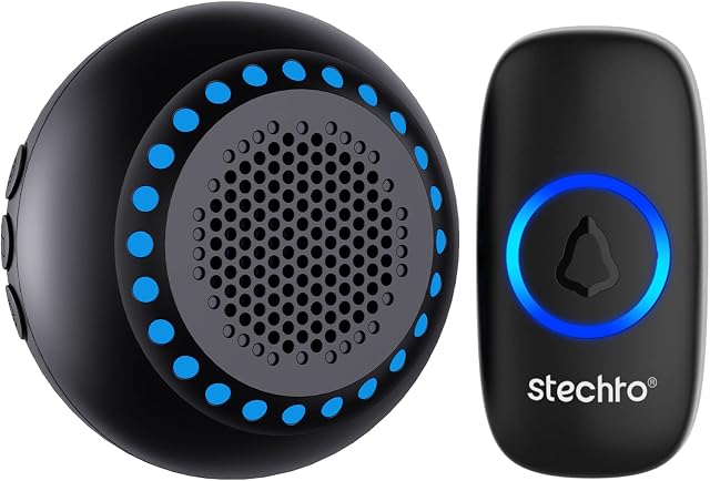 Wireless Doorbell, Waterproof Door Bells Kit Plug in LED Receiver 300M Long Range Door Entry Bell Cordless Loudly Operating with 5 Level Volume,32 Chimes,Battery Included,Black