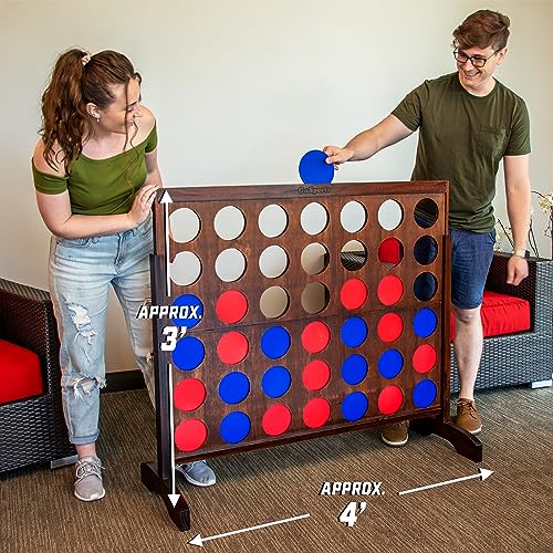 Image of GoSports 4 Foot Giant Wooden 4-in-a-Row Connect Game - Jumbo Party Size with Heavy-Duty Coins - Easy Setup and Portable Design for Indoor and Outdoor Yard Game for Adults