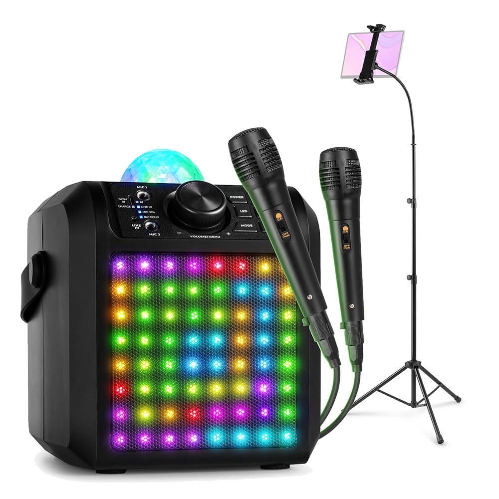 Fenton KAR55B Kids Karaoke Machine with 2 Microphones, Bluetooth Speaker, RGB LED Lighting, Tablet Mount, Portable Singing System for Party Events