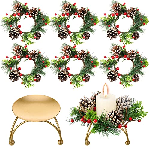 12 Pieces Christmas Wreath Candle Holder Include 6 Pcs Votive Candle Berry Ring with Pinecones and 6 Pcs Metal Candle Holders for Christmas Party Decoration