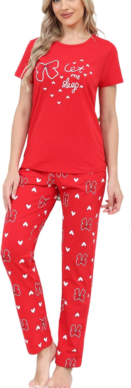 EISHOPEER Women's Cotton Pajama Set Cute Printed Short Sleeve Top & Long Pants Sleepwear Pjs Sets