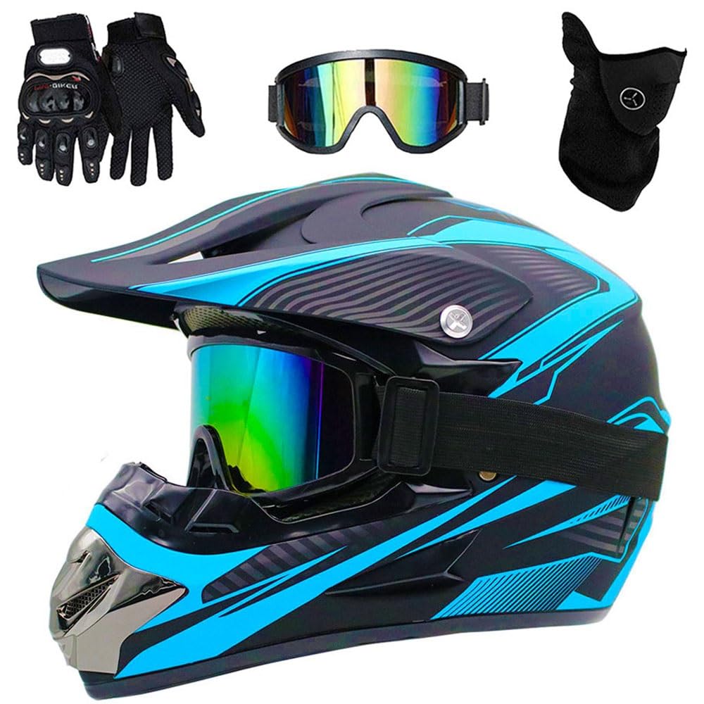 Casque de Motocross Pour Enfants, Casque de Vtt IntéGral Avec Lunettes, Masque Et Gants, Casque de Moto Quad Pour Jeunes Enfants, Homologué DOT(Blue lines,L(56-57cm))
