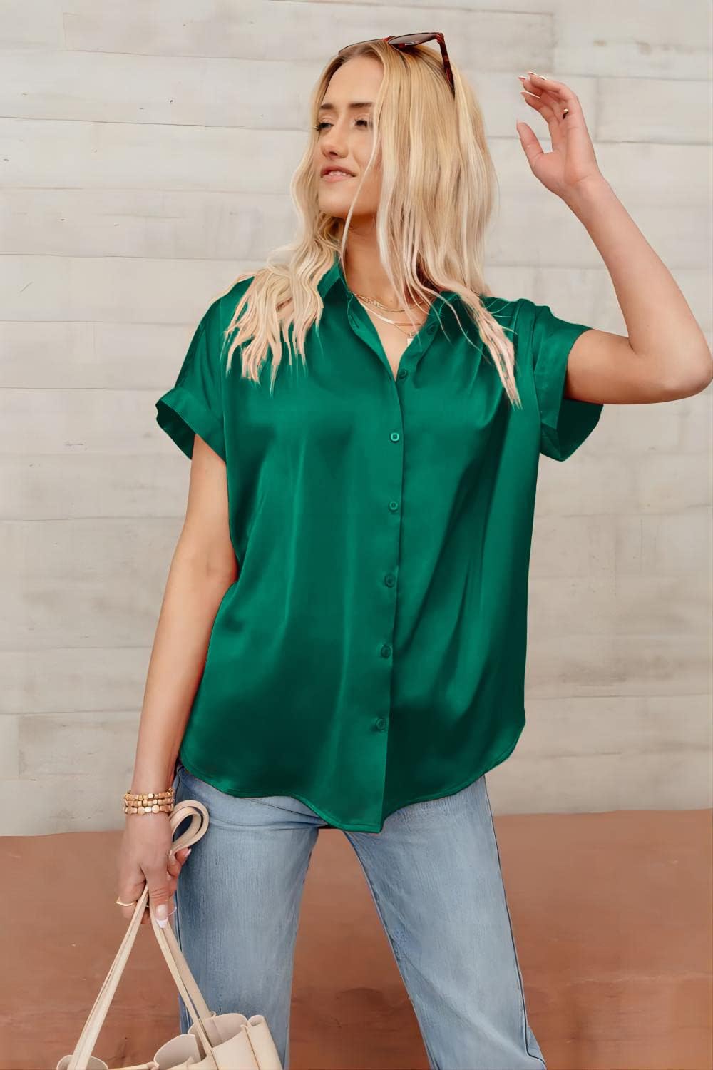 Pausus Satin Button Down Shirts for Women Short Sleeve Office Blouse Casual Business V Neck Silk Tops Slim Fit S-XXL - Image 4