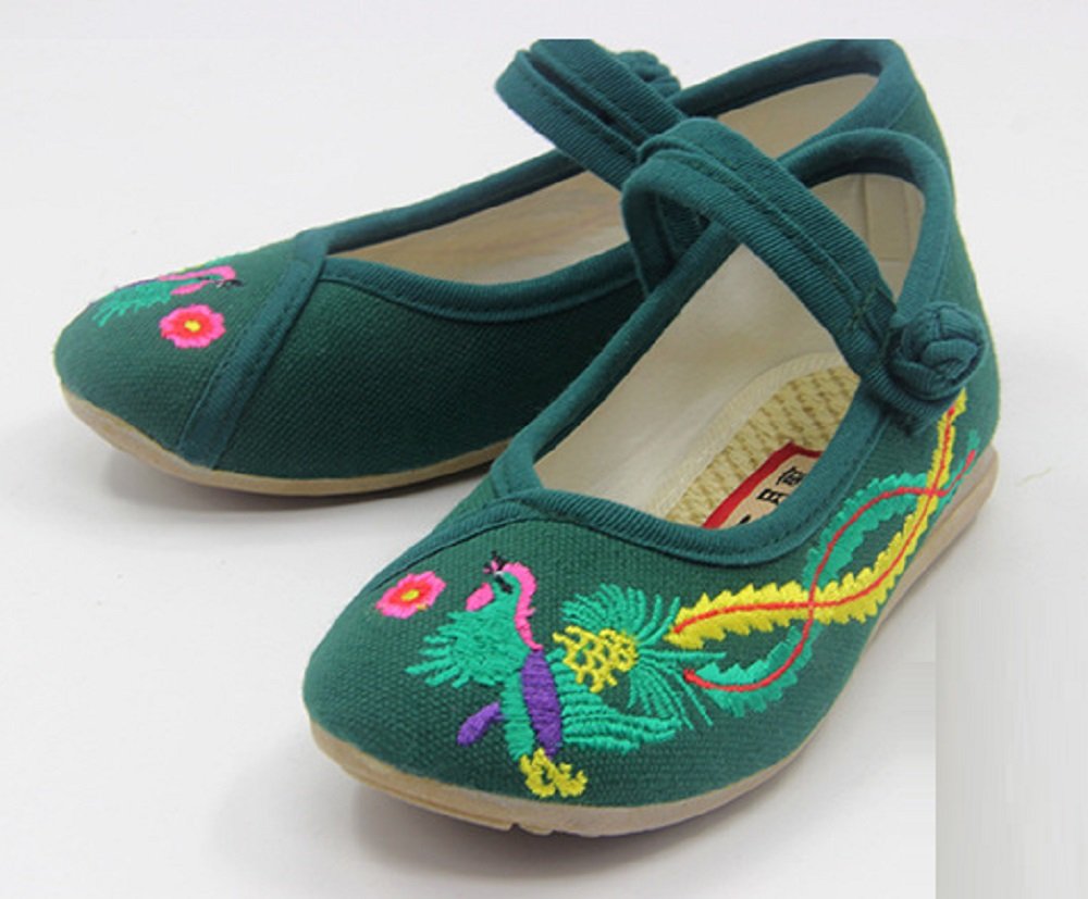 Tianrui Crown Children Girl's Phoenix Embroidery Mary-Jane Shoes Kid's Cute Flat Cheongsam Shoe Green