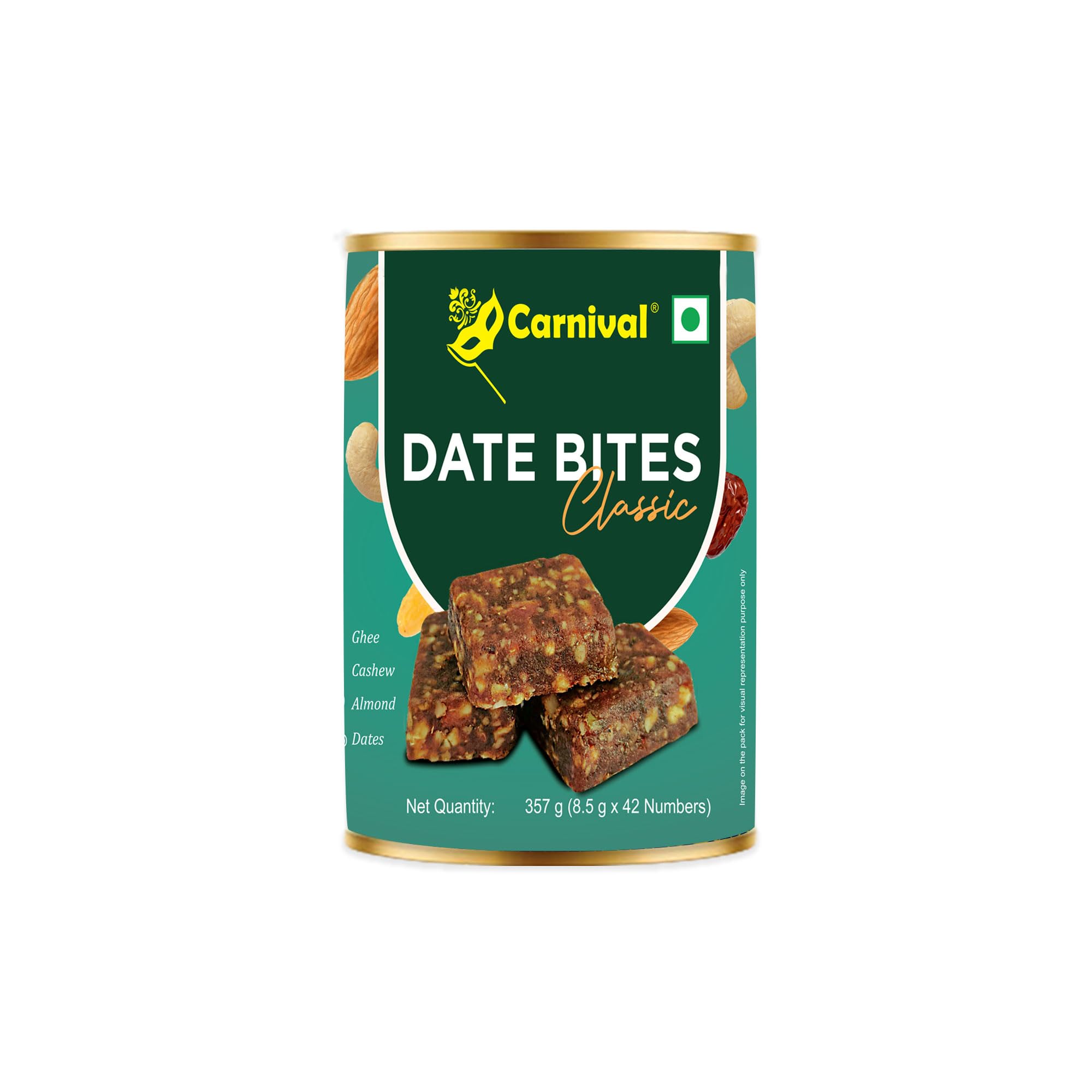 Carnival Date Bites | 357 gram ( 42 Date Bites ) | Date Barfi With Zero Added Sugar | Date Bites with Cashew , Almonds , Pista and Seeds with Richness Of Pure Ghee | Energy Booster | Fresh And Tasty Indian Healthy Sweets (B0DH4X8LYP) Amazon Price History, Amazon Price Tracker