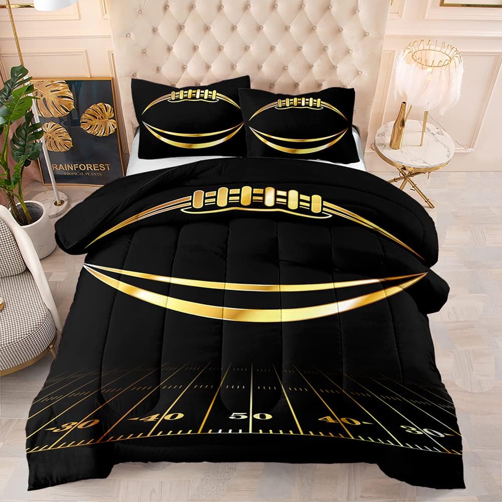Boys Comforter Set, Twin Size, Football Themed, 3 PCS Including 1 Comforter & 2 Pillowcases, All Season Use, Black and Gold - Image 3