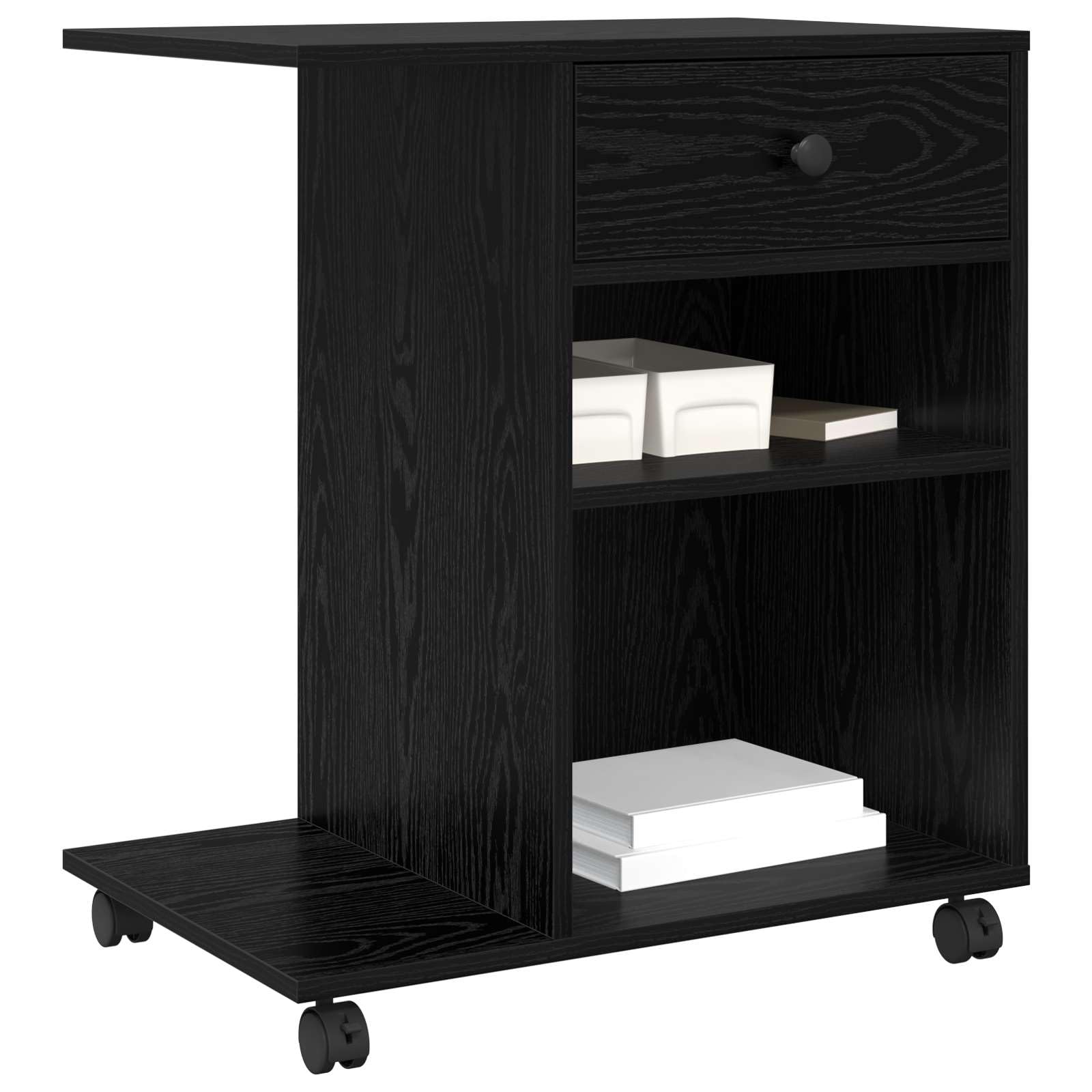 Druckerständer mit Rollen aus Holzwerkstoff in Schwarz Eichen-Optik, 60 x 40 x 68.5 cm, mit Schubladen für Stauraum, rollbares Design für Flexible Büroorganisation
