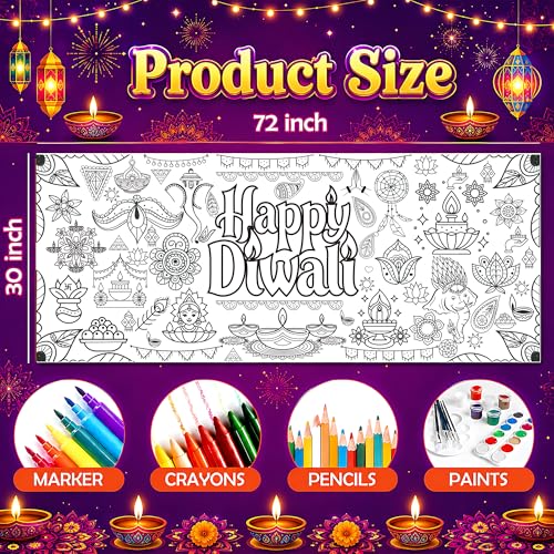 Image of Diwali Giant Coloring Poster /Tablecloth - Diwali Decorations for Home | 30 x 72 Inches Jumbo Coloring Banner Backdrop Kids Crafts Activities Decor Party Decorations | Diwali Gifts