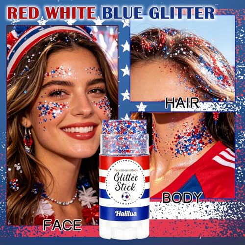 Patriotic 4th of July Body Glitter Stick,Sparkle Red White and Blue Hair Face Glitter for Independence Day 250 Anniversary Party,4th of July Outfits and Decorations for Women Kids, Memorial Day — view 3