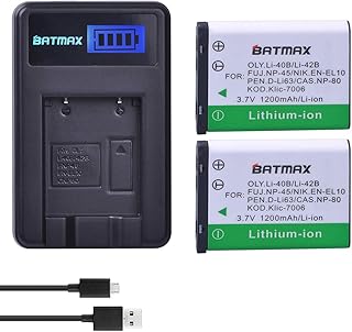 Batmax 2Pcs Li-40B Li-42B Li-ion Battery + LCD USB Charger Replacement for Olympus Li-40B/Li-42B Fuji NP-45 EN-EL10 Pentax D-Li63 Kodak KLIC-7006 Olympus D-630 720 725 IR-300 FE-150 160 190 220 230 Cameras