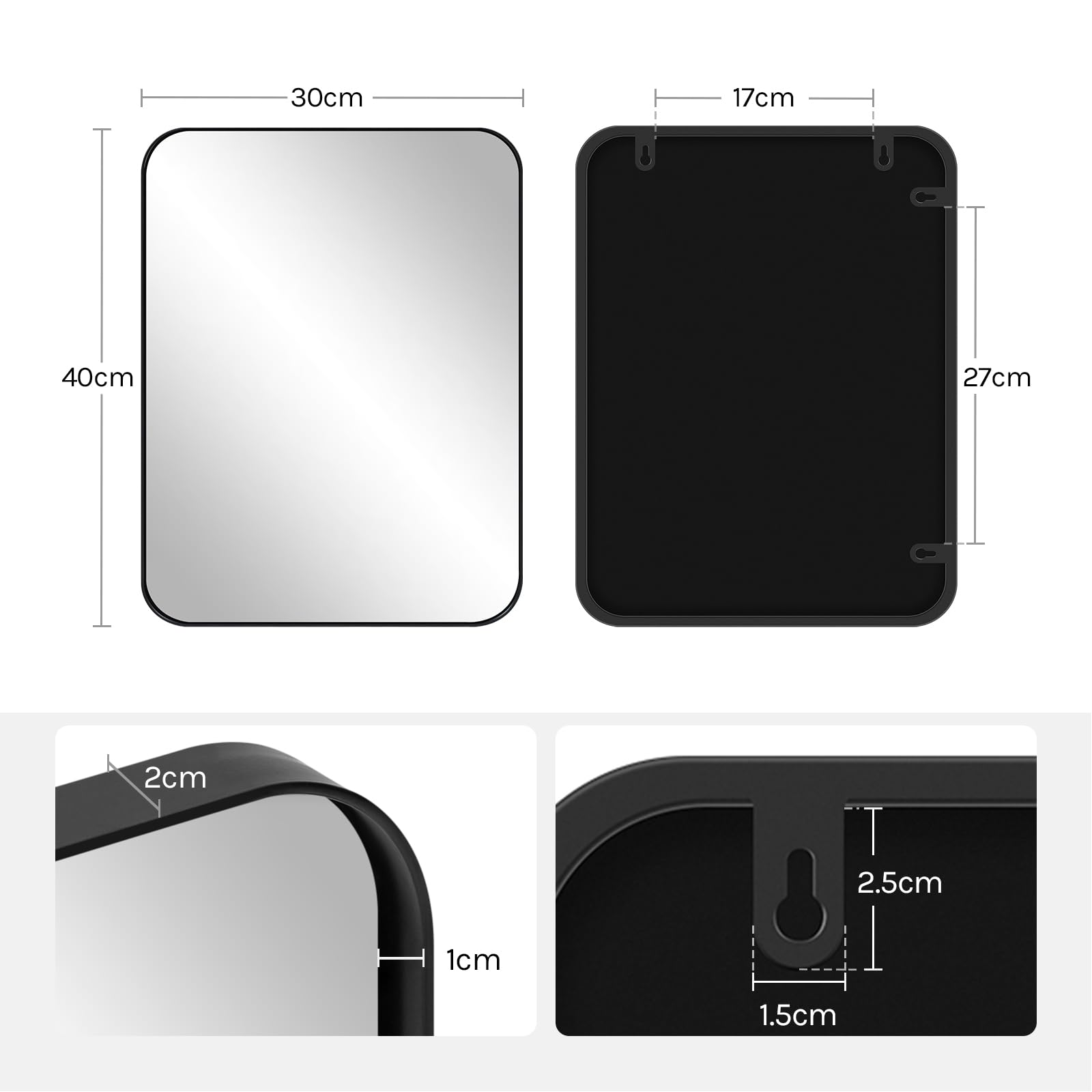 WOLTU Miroir Mural Rectangulaire 40x30 cm, Miroir Salle de Bain, Cadre en Métal Noir, avec Film Anti-éclats, Miroir Décoratif pour Salon, Chambre, Entrée, Couloir, Moderne