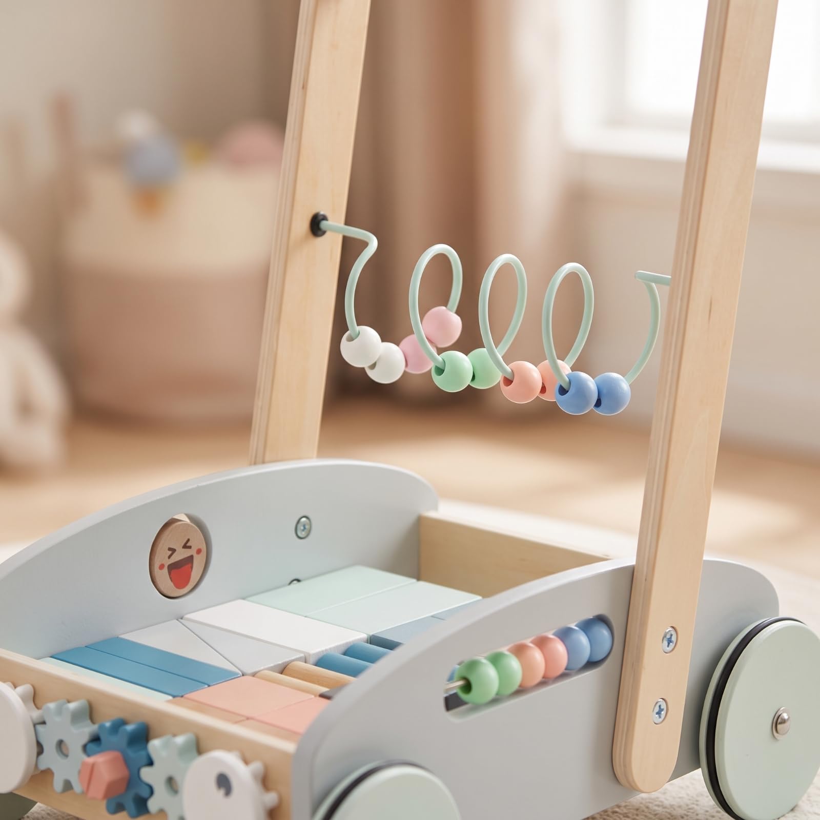 de Aprendizaje para Niños con Correpasillos Carro de Empuje Centro Interactivo y Juguete Educativo Estructura Estable de Madera Maciza y Contrachapado, Azul, 1/Juego