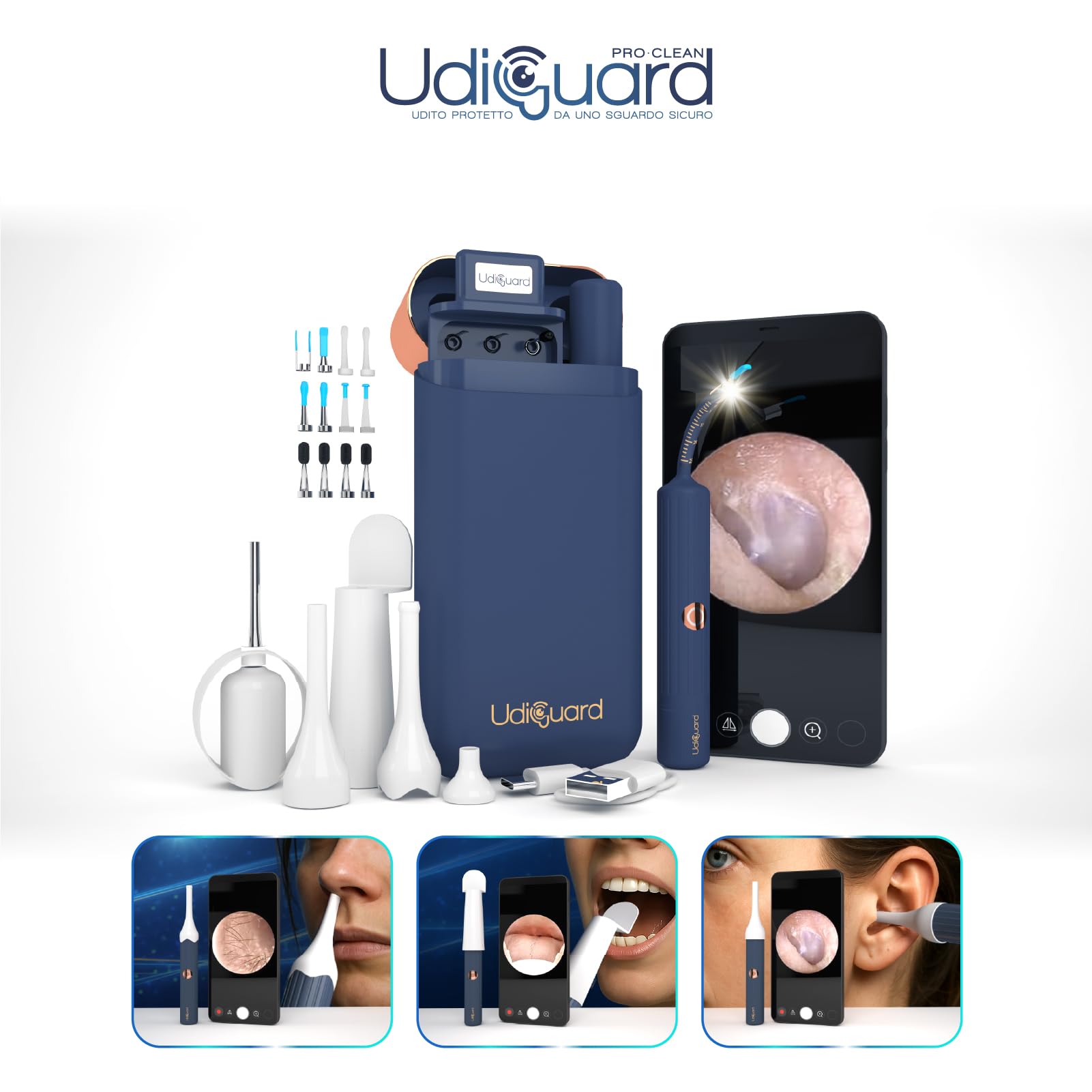 Otoscopio Limpiador de Oídos con Cámara HD 10MP WiFi Endoscopio Digital Flexible para Eliminación de Cerumen UdiGuard Pro-Clean - Pinzas y Puntas Reemplazables Kit Otorrinolaringología Adultos y Niños