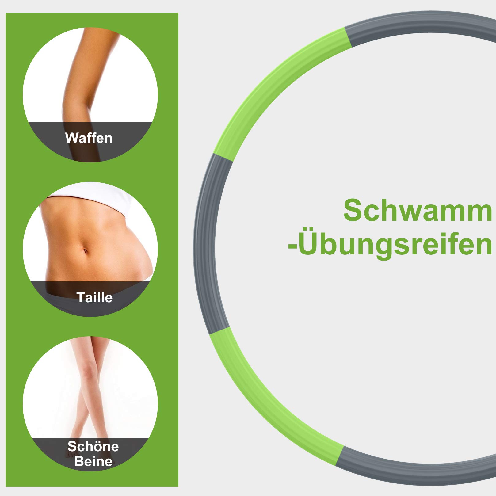 Hula Reifen Hoop Erwachsene, Fitness Hoola Easy Slim Hoop zur Gewichtsreduktion, 8 Abnehmbare Reifenprofile mit Edelstahl-Innenkernrohr,Gewichte einstellbar von 1,2 bis 3,5 kg(Grau+Grün)
