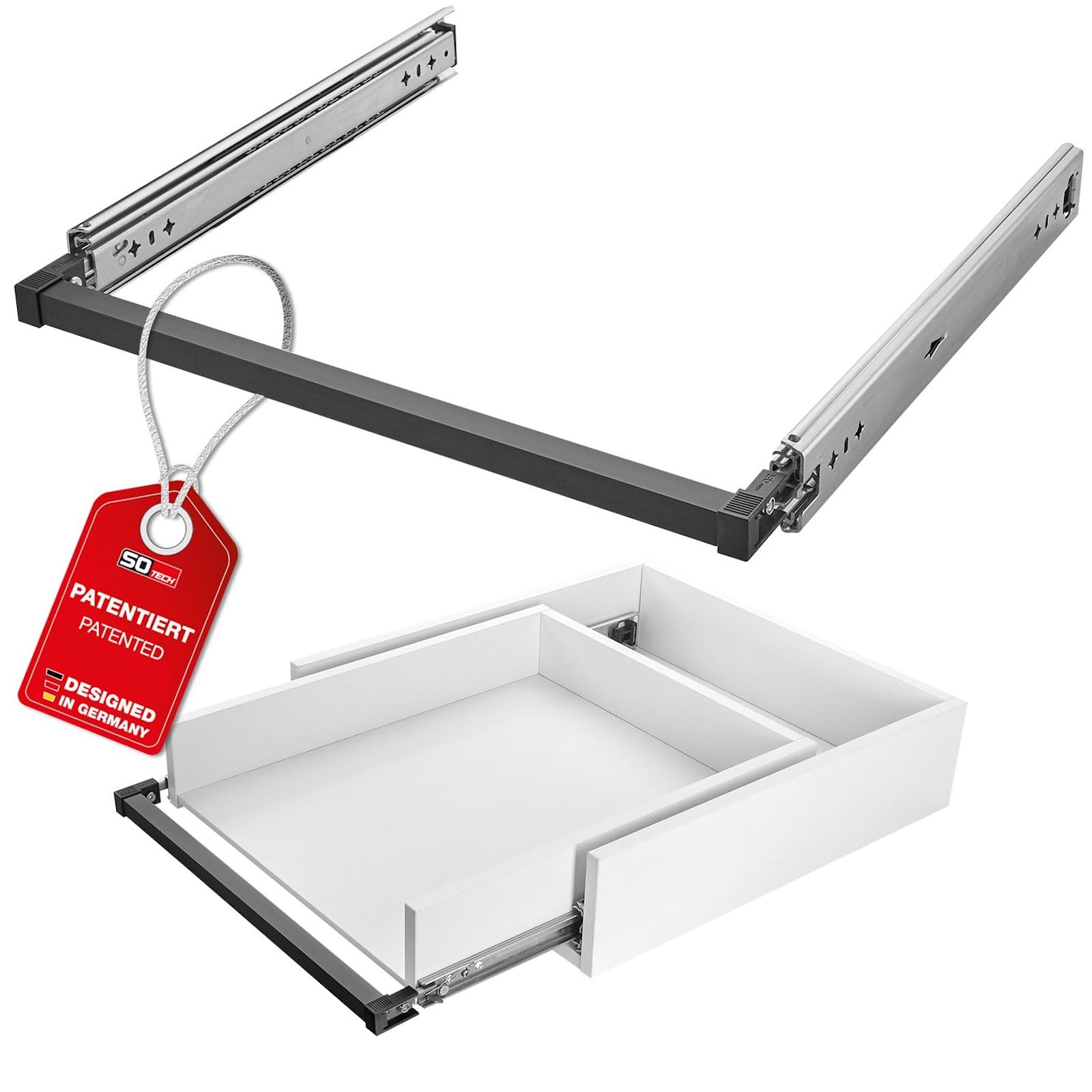 SOTECH VarioSlide Pat. Set completo di guide per cassetti KV2-100-H53-600 EH 600 mm fino a 100 kg, chiusura con una mano, anodizzato nero per cassetti senza frontale fino a 1200 mm di larghezza