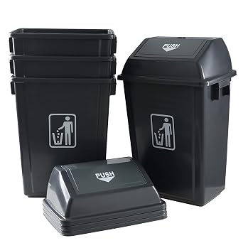 13 Gallon Plastic Trash Can with Lid, 4-Pack Garbage Can, Gray | swing top design avoids touching the bin, sturdy structure, ideal for kitchen, office and commercial break room use