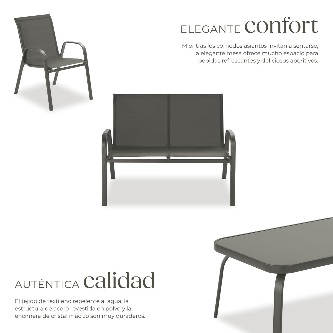 tectake® Conjunto Jardin Exterior para 4 Personas, Muebles Jardin Exterior con Estructura de Acero, Mesa con Vidrio de Seguridad, Muebles Terraza y Sofa Terraza - Antracita