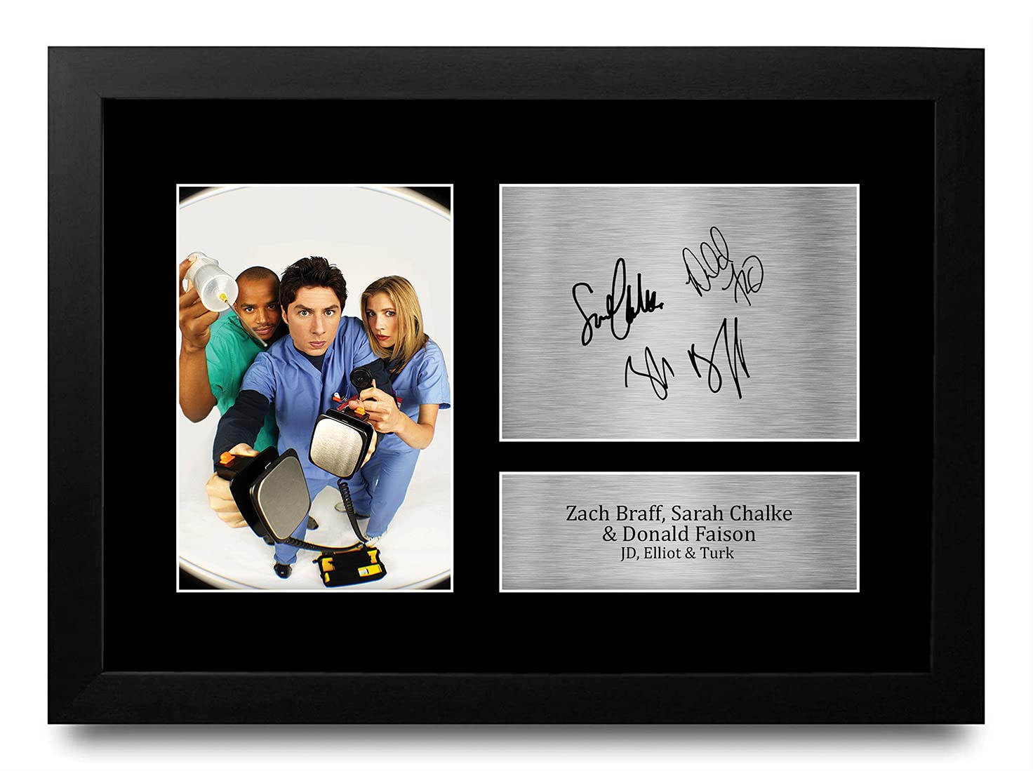 HWC Trading FR A4 Zach Braff Donald Faison & Sarah Chalke Scrubs JD, Elliot, Turk Gifts Printed Signed Autograph Picture for TV Show Fans - A4 Framed