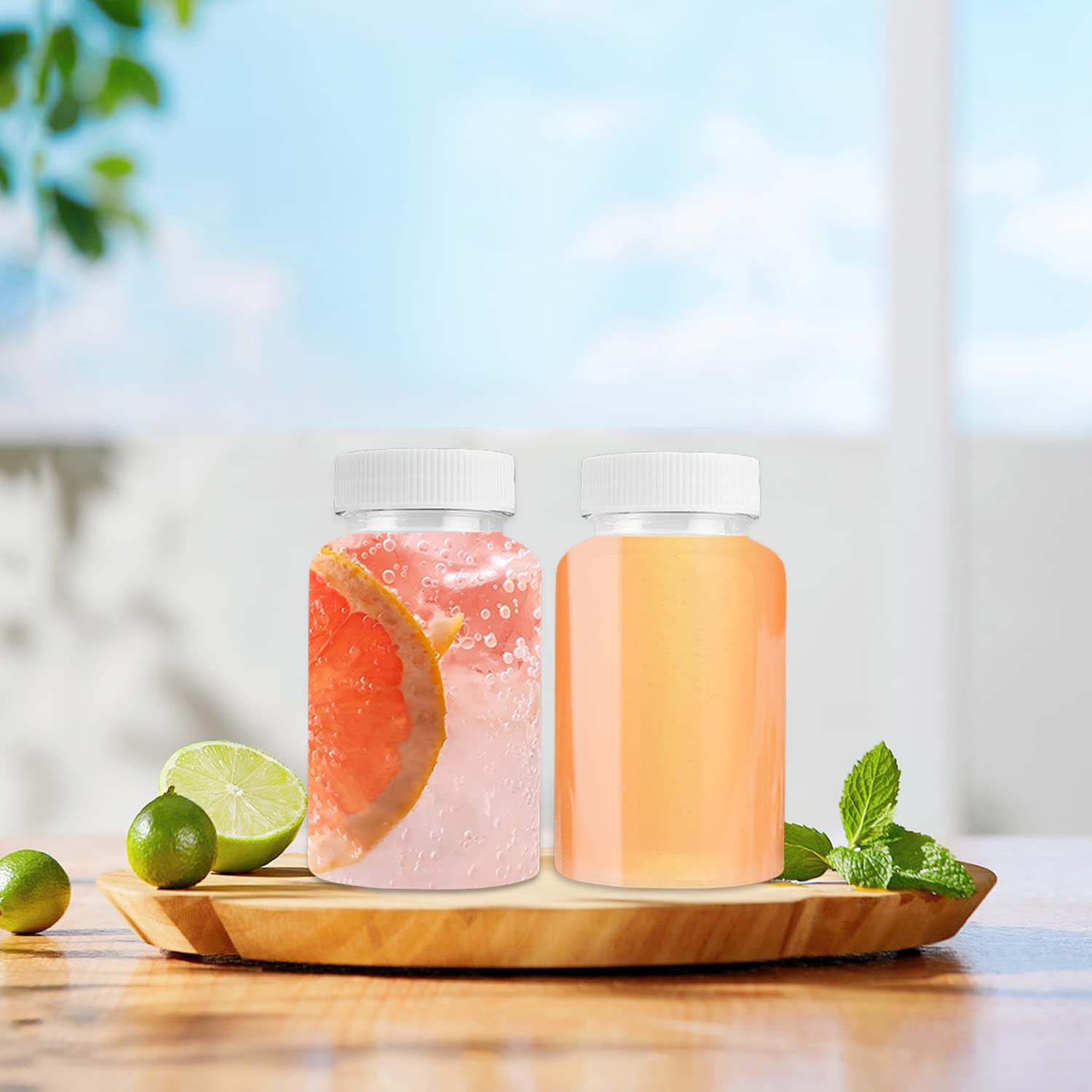 YUE QIN 12 Piezas Botellas de Jugo Reutilizables con Tapas Plástico Transparente Botellas de Pláptico con Pegatina Botella de Leche para Jugo Leche y Bebidas Limonadas (100ml)