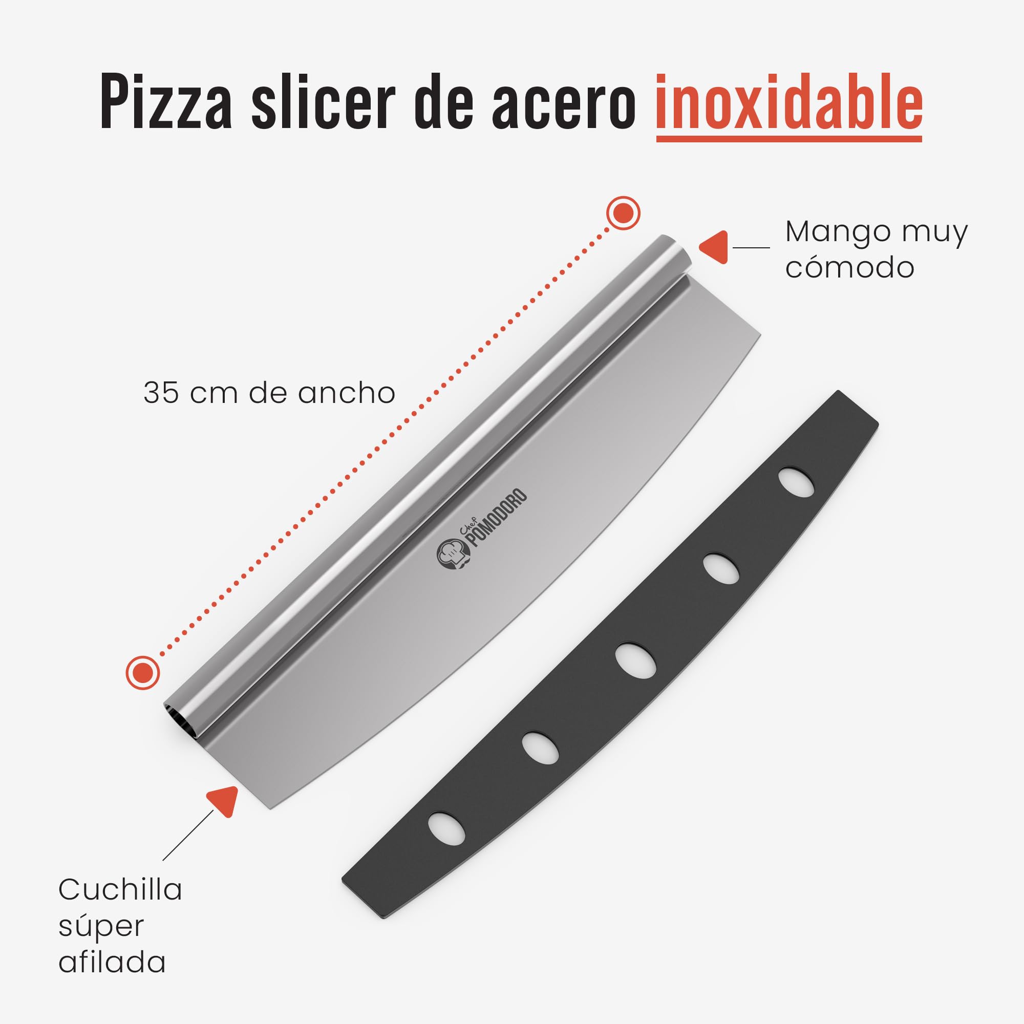 Chef Pomodoro Cuchillo Cortapizzas con Funda Protectora - Cortador Pizza Mezzaluna Multiusos de 35 cm con Cuchilla Súper Afilada de Acero Inoxidable - Cuchillo Media Luna Apto para Lavavajillas