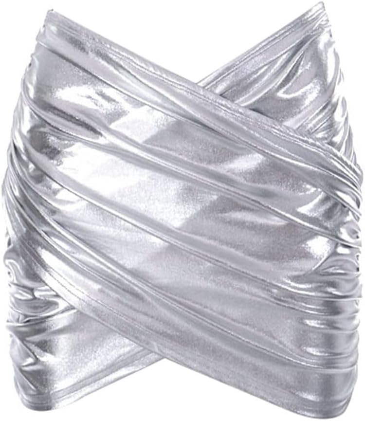 Women's Shiny Silver Metallic Cross Mini Skirt Holographic Ruched Wrap Hem Bodycon Pencil Short Skirt Pleated Party Clubwear - Image 9