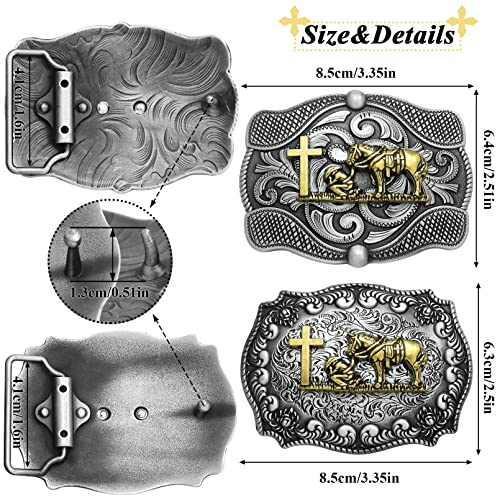 2 Pieces American Western Cowboy Belt Buckles, Mens Religion Cross Horse Horseman Silver Vintage Belt Buckle Small