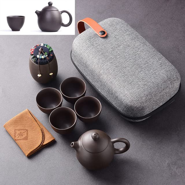 Set Da Tè Da Viaggio In Ceramica Cinese Kung Fu – Teiera, 4 Tazze, Contenitore E Tappetino In Borsa Portatile