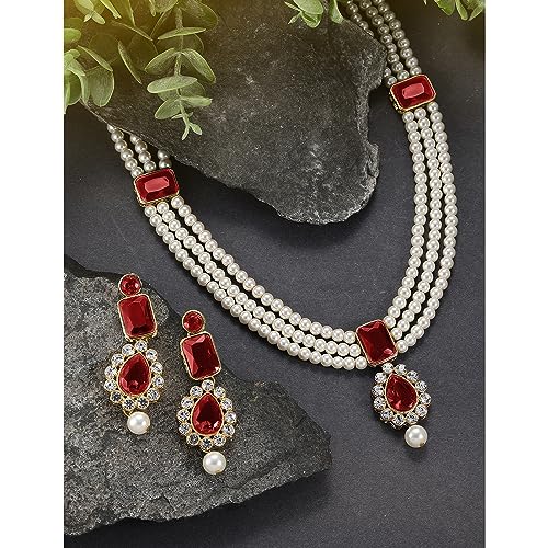 Image of Peora Crystal Faux Pearl Kundan Necklace & Jewellery Set Gift for Women