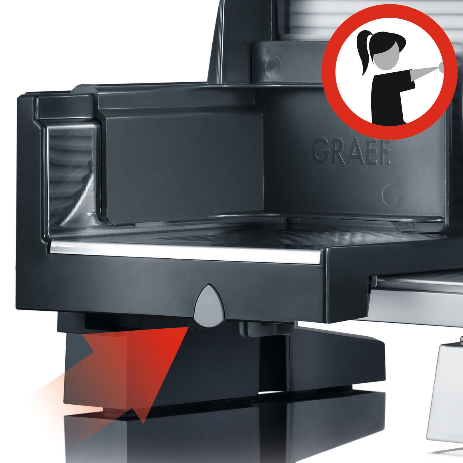 GRAEF Affettatrice STYLE S12002 nera, lama seghettata inox, taglio regolabile 0-20 mm, piastra vetro, blocco sicurezza, pulizia facile