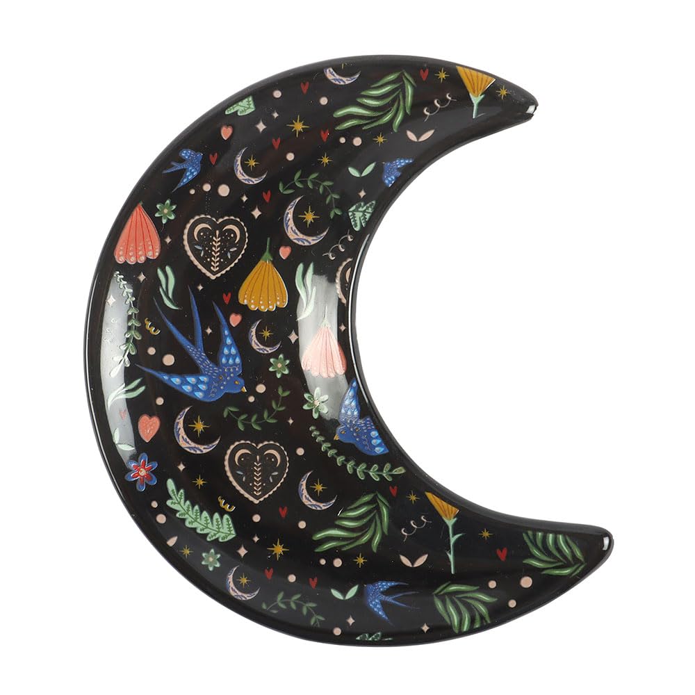 Something Different Wholesale Midnight Bloom Crescent Moon Trinket Dish | Ceramic Floral Print Jewelry Holder