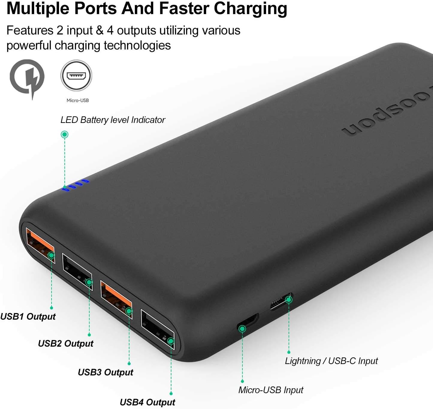 4 ports power bank super bright flashlight portable charger quick charge device 20000mah gold