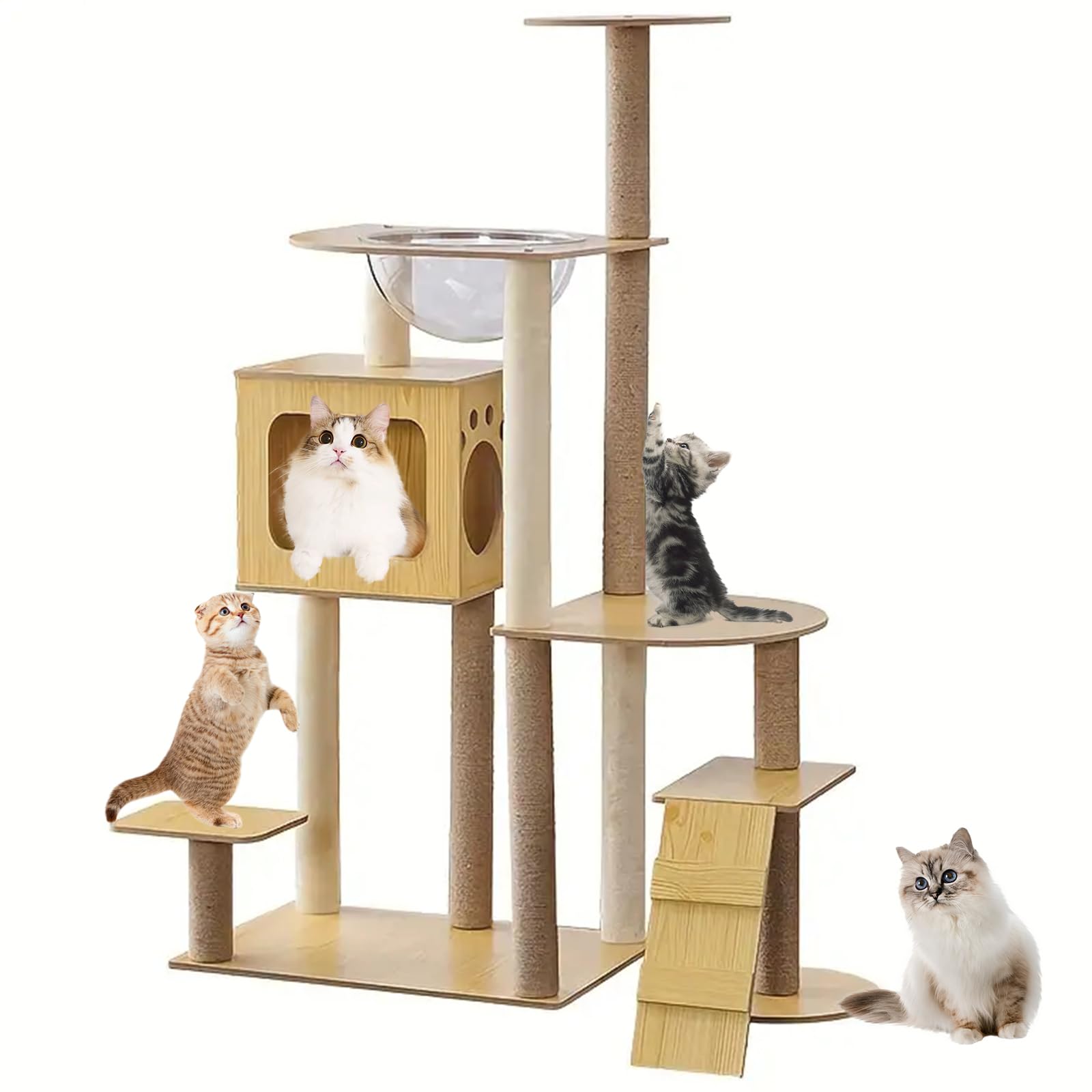 Albero per Gatti in Legno, Alto 135Cm, Tiragraffi per Gatti Adulti, Tiragraffi per Gatti con Cuccia, Piattaforma, Capsula in Acrilico, Casetta per Gatti, Albero Tiragraffi per Gatti