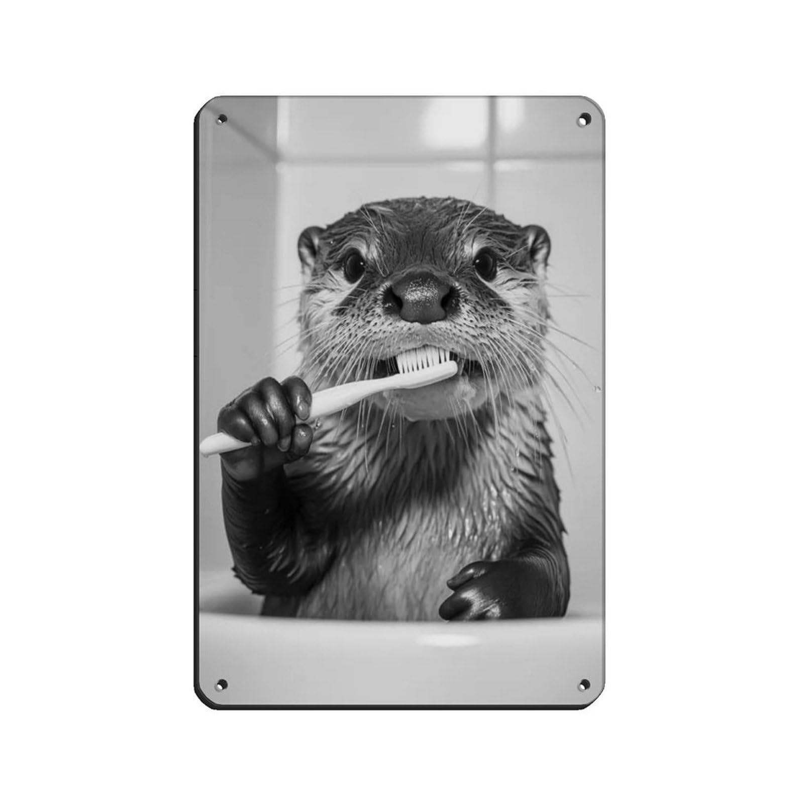 Otter Brushing Teeth, Funny Bathroom Art Tin Sign Vintage Metal Pub Club Cafe Bar Home Wall Art Decoration Poster Retro 8x12inch(20x30cm)