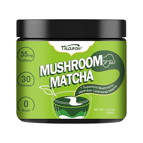 TALCUFON Matcha de hongos 4.23 onzas, mezcla de matcha ceremonial japonés, 7 setas superalimentarias, todo natural, sin gluten, sabe un gran café
