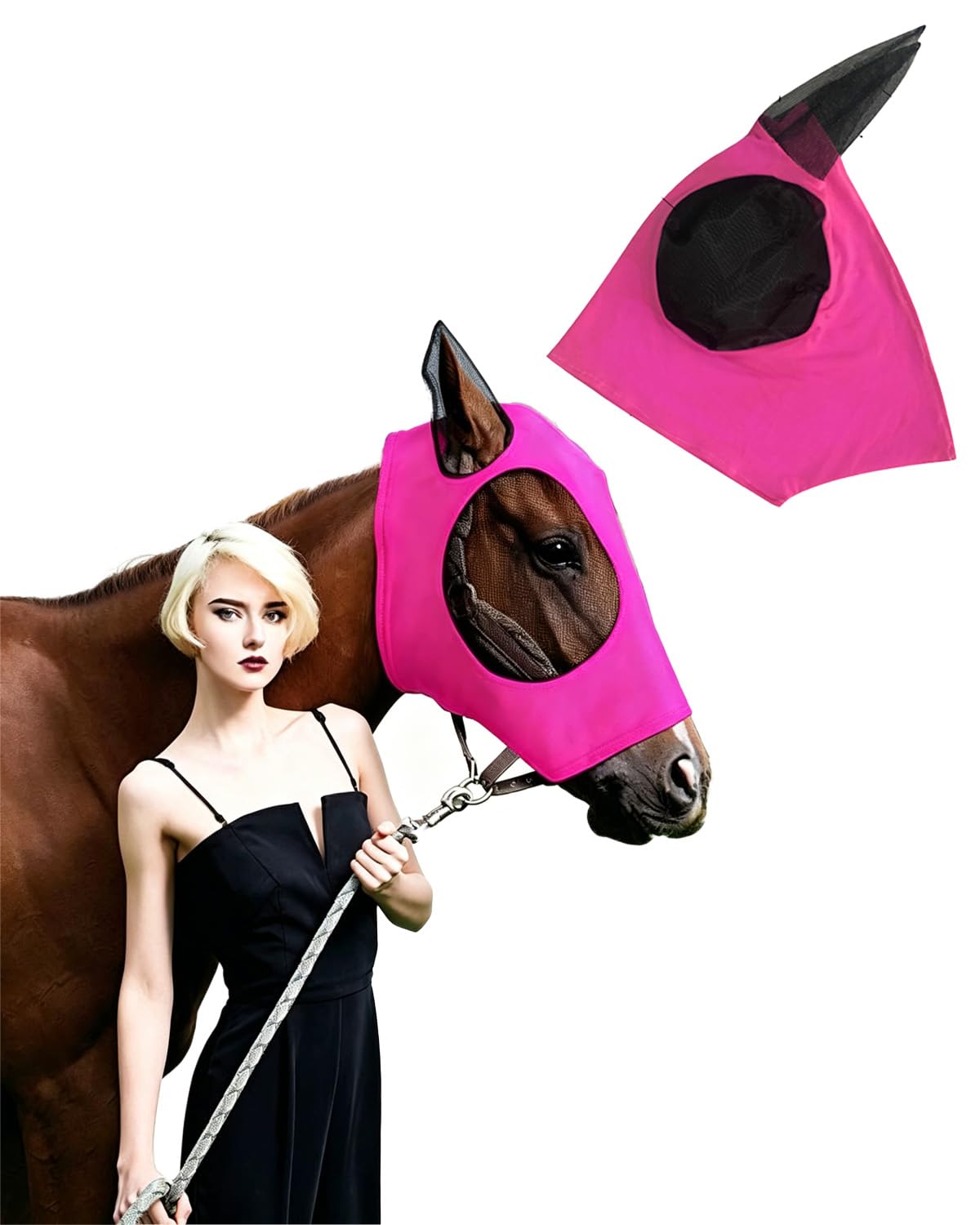 1 Pz Maschera per Cavalli Rosa Fucsia con Paraorecchie, Protezione UV & Insetti, Rete Traspirante per Benessere Equino