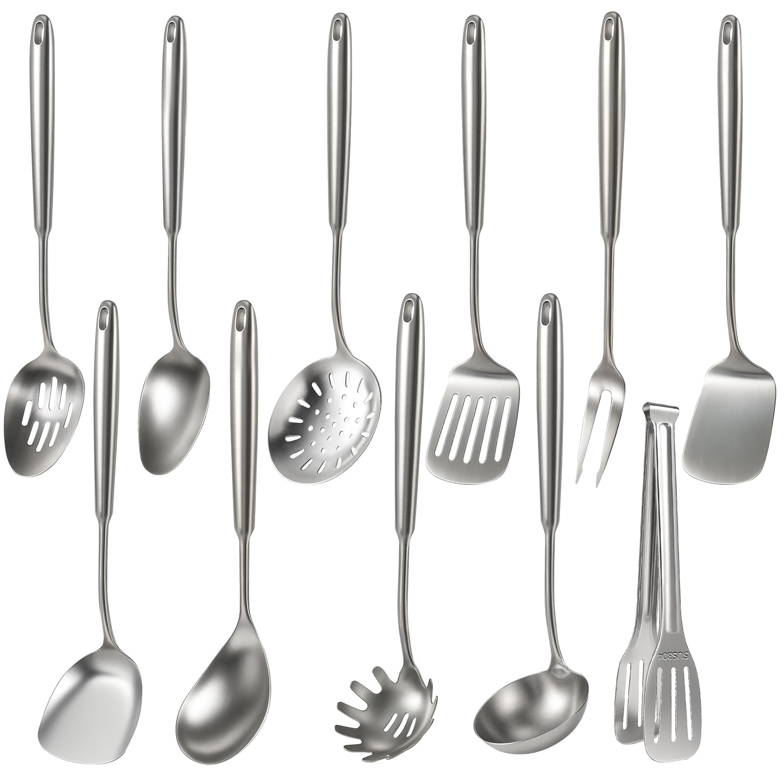 Newness 11 Pcs Cooking Utensils Set, 304 Stainless Steel Kitchen Utensils Set, Metal Kitchen Accessories, Include Soup Ladle, Slotted Skimmer Spoon, Spaghetti Spoon and Spatula, Dishwasher Safe