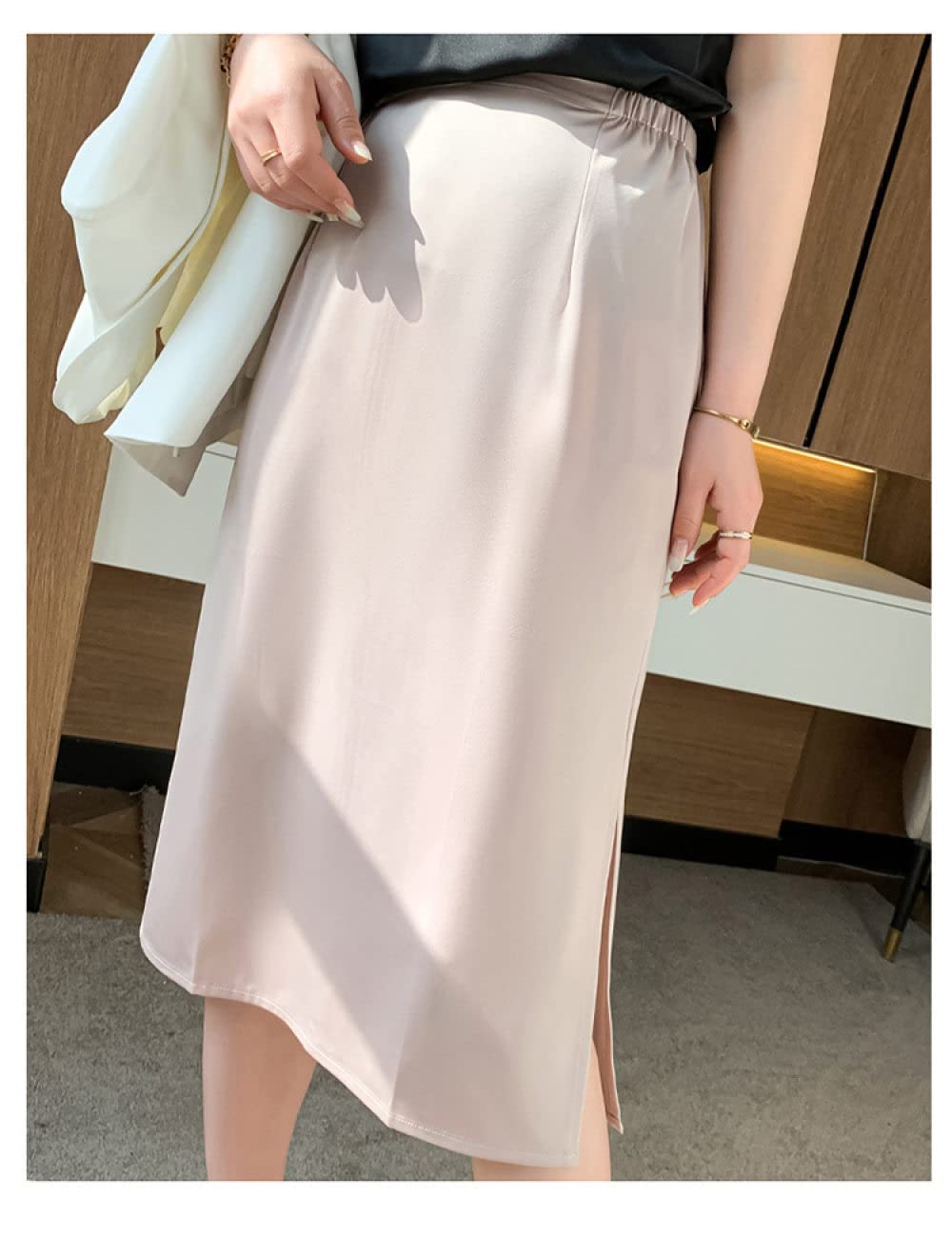 OZEO Röcke,Sommer-Satin-Midi-Röcke Für Frauen, Elastische Taille, Beige, Seitenschlitz, Gerader Rock, Hüftumwickelt, A-Linie, Gerafft, Elegantes Büro, Lange Röcke Für Mädchen, Damen,L