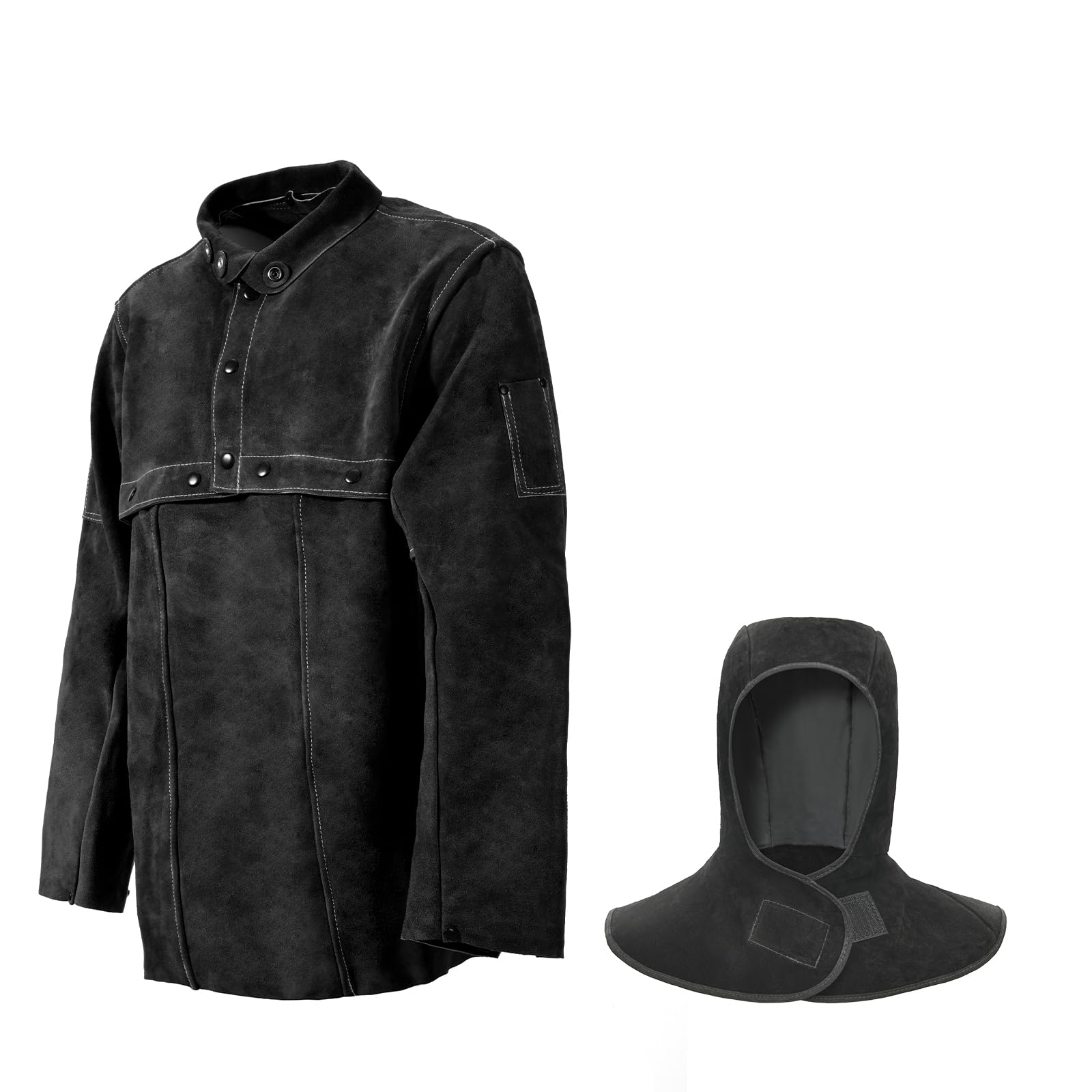 LeaSeekLeather Welding Jacket+Welding Hood, Flame-Resistant Heavy Duty Split Cowhide Leather Open Back Welder Jacket for Men & Women(Small)
