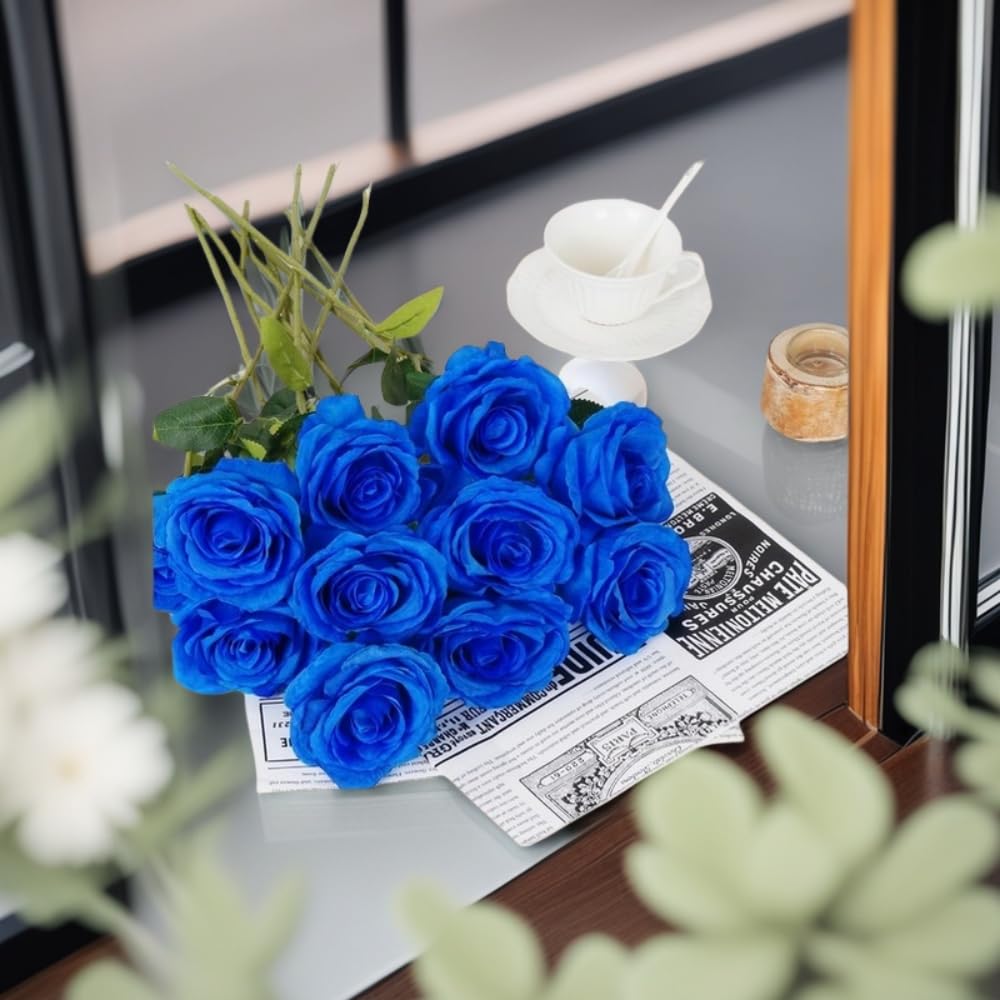 10 Pcs Artificial Roses, Blue Fake Roses Artificials Flowers, with Stems Fake Artificial Blue Rose Silk Flowers - Image 4