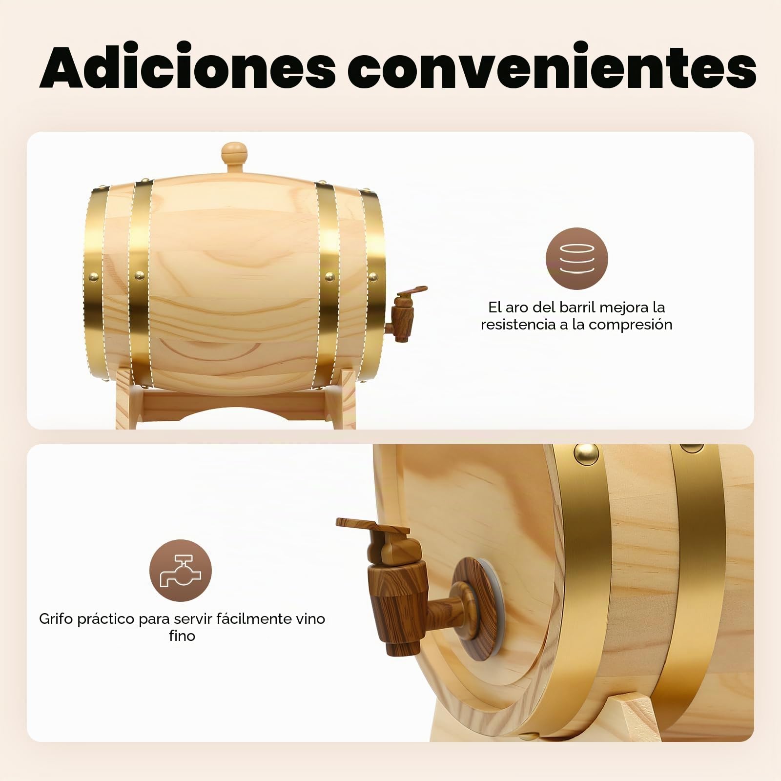 Barril de vino de madera, barril de cerveza con grifo y soporte, barriles de vino de madera, dispensador de bebidas, grifo Elipse barril de vino, almacenamiento para apartamentos, bares, hoteles (5 L)